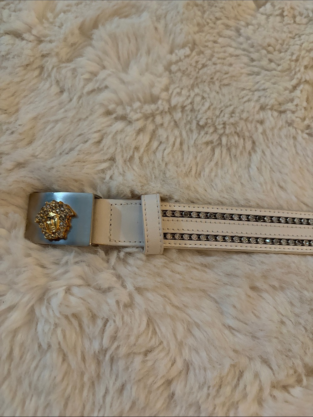 Versace White Leather Belt with Gold Medusa Buckle and Crystal Straps
